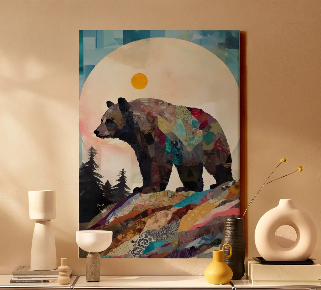 beer zon maan bos bomen berg silhouet patchwork col canvas met Baklijst van minerva santiago