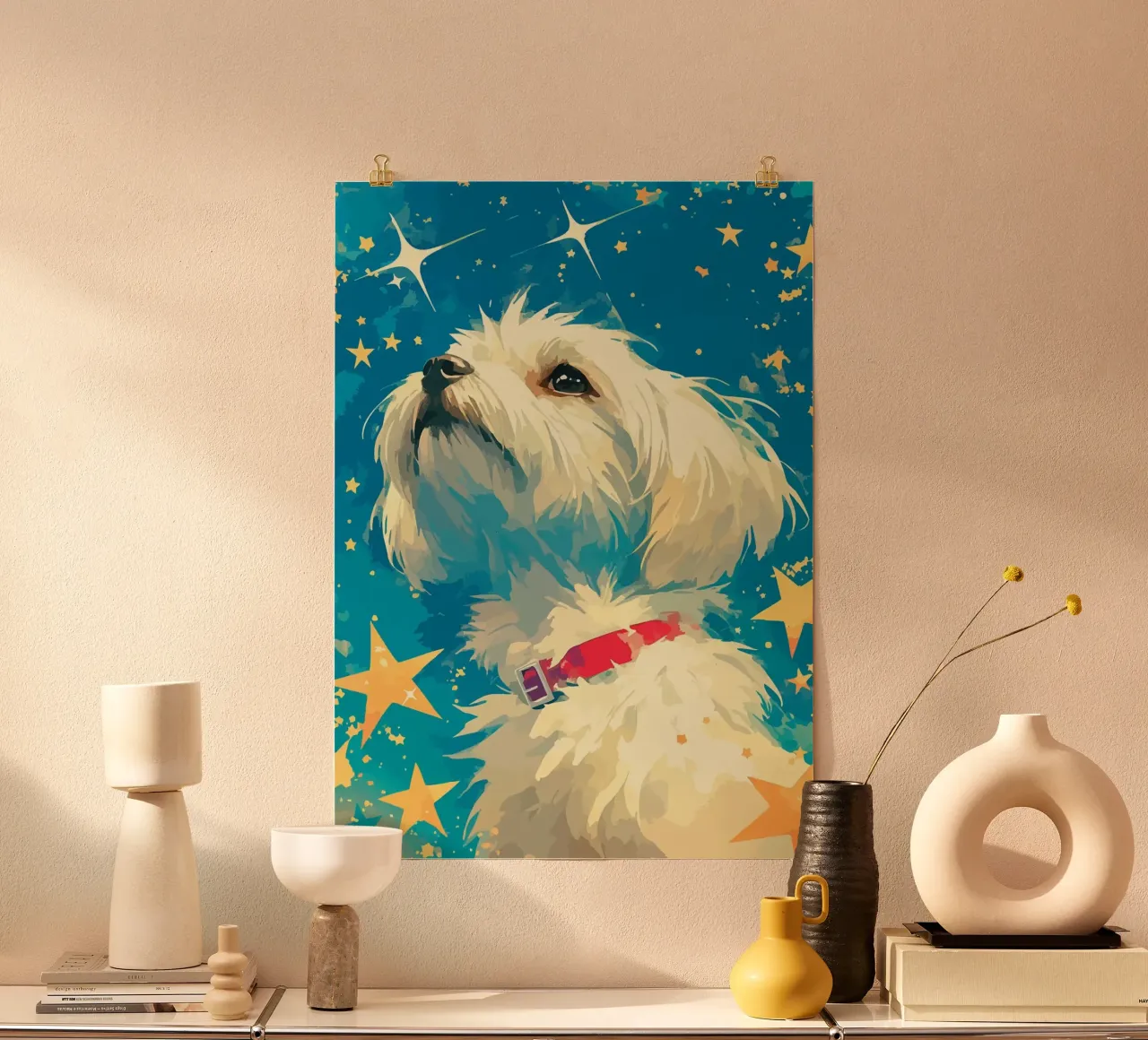 cane stelle costellazione animale domestico canino collare rosso pelliccia soffice nig poster con telaio in alluminio da minerva santiago