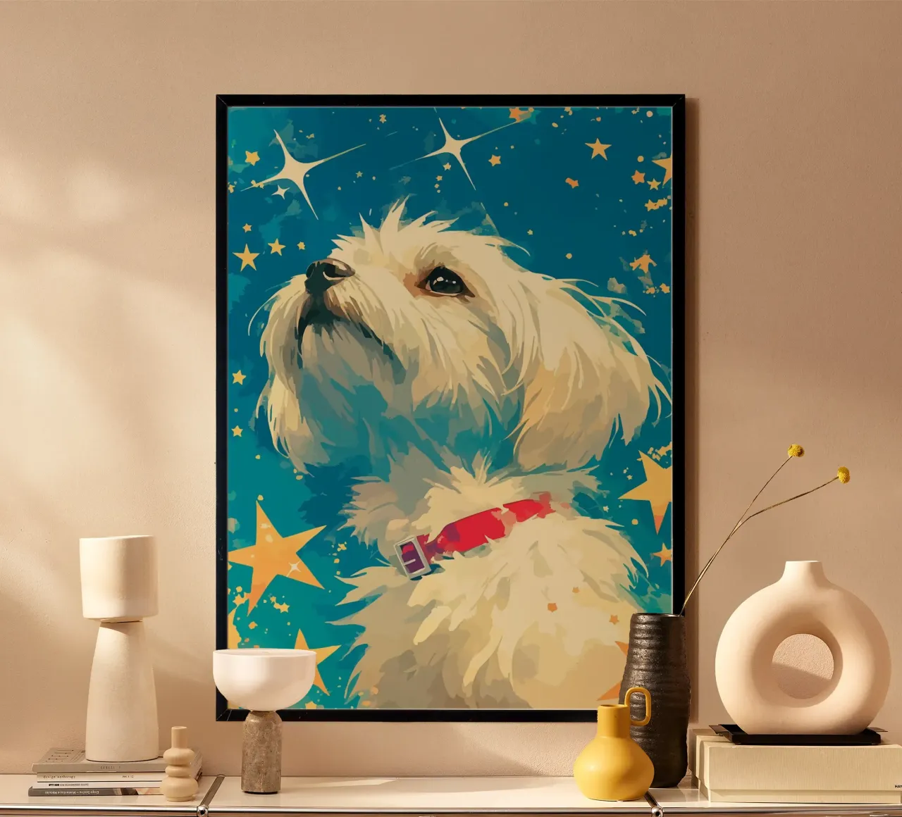 cane stelle costellazione animale domestico canino collare rosso pelliccia soffice nig poster con telaio in alluminio da minerva santiago