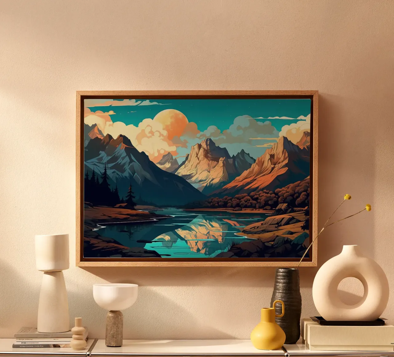 mountains lake pine trees clouds twilight sky reflections mo canvas with Floater frame by minerva santiago