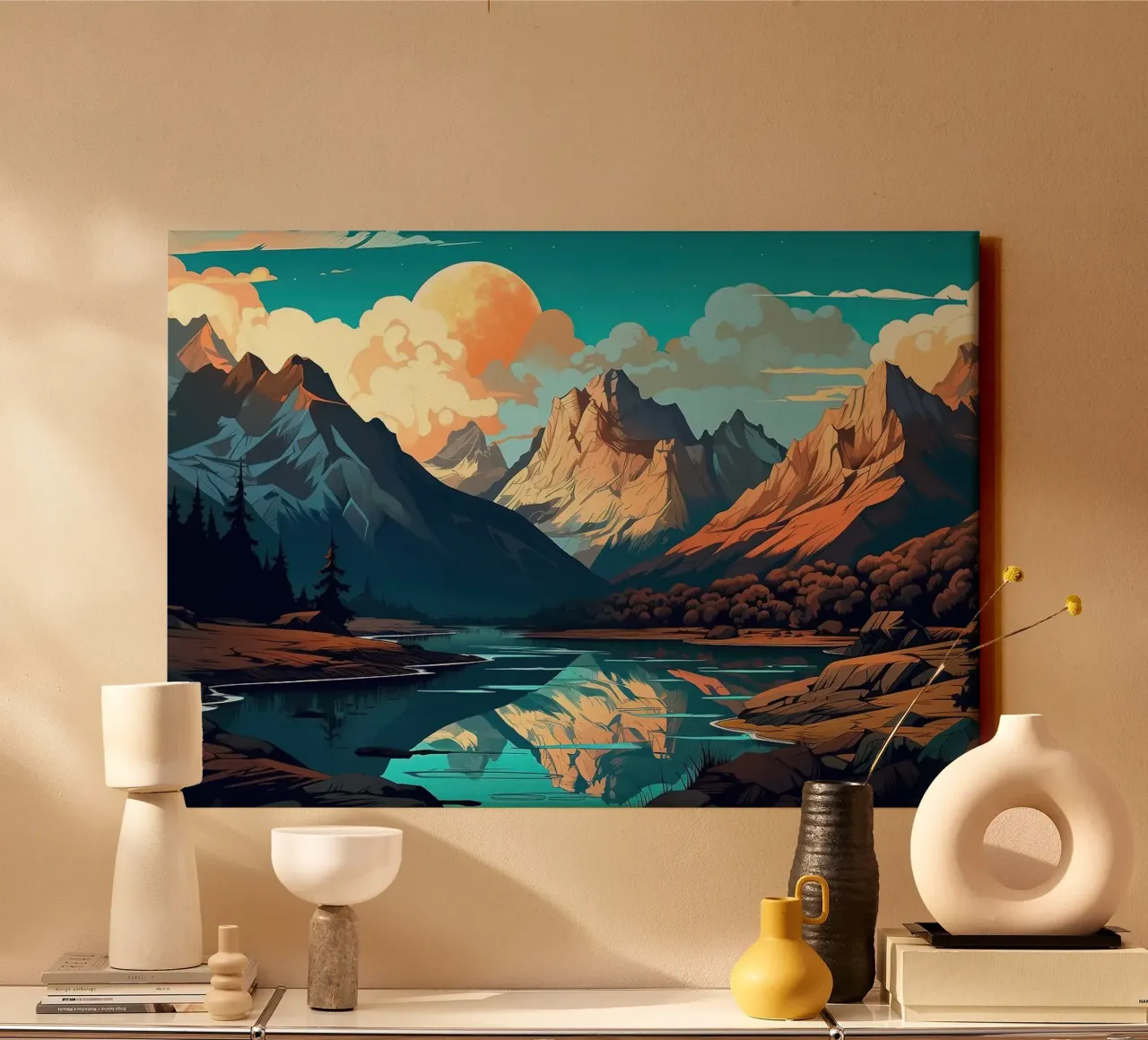 mountains lake pine trees clouds twilight sky reflections mo canvas with Floater frame by minerva santiago