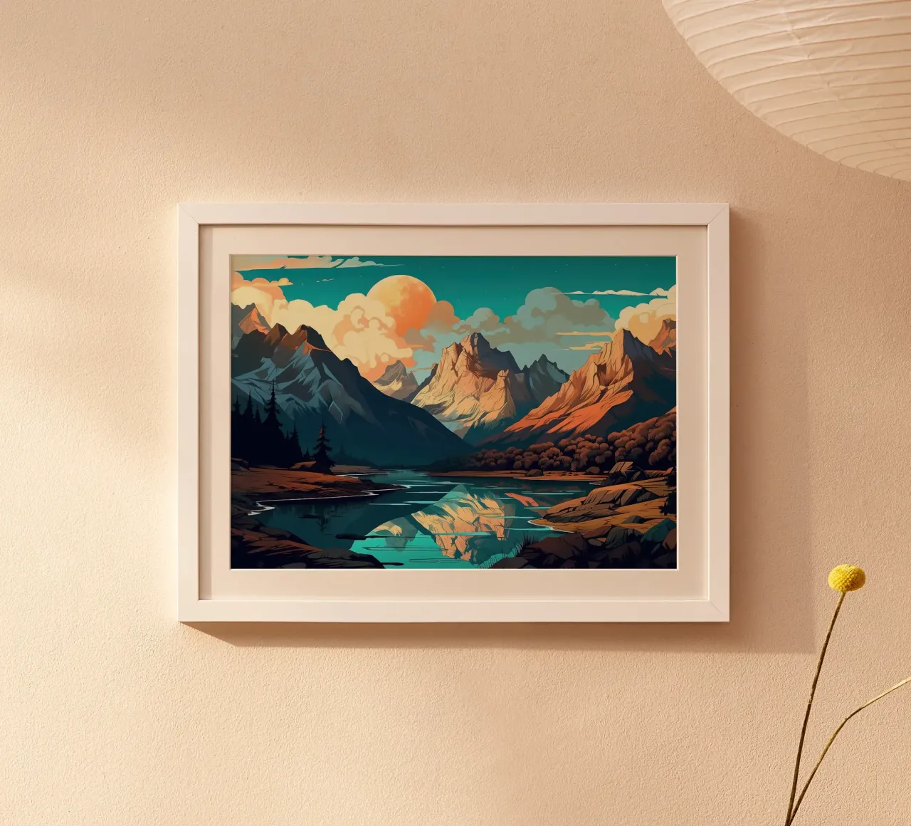 bergen meer dennenbomen wolken schemering lucht reflecties mo poster met kunststof frame van minerva santiago