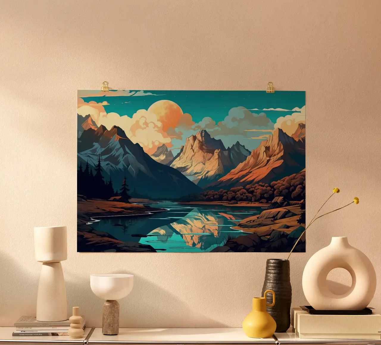 bergen meer dennenbomen wolken schemering lucht reflecties mo poster met kunststof frame van minerva santiago