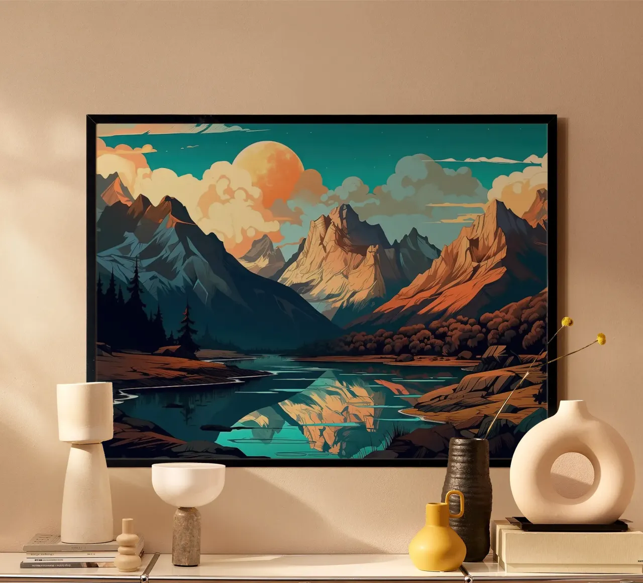 bergen meer dennenbomen wolken schemering lucht reflecties mo poster met kunststof frame van minerva santiago
