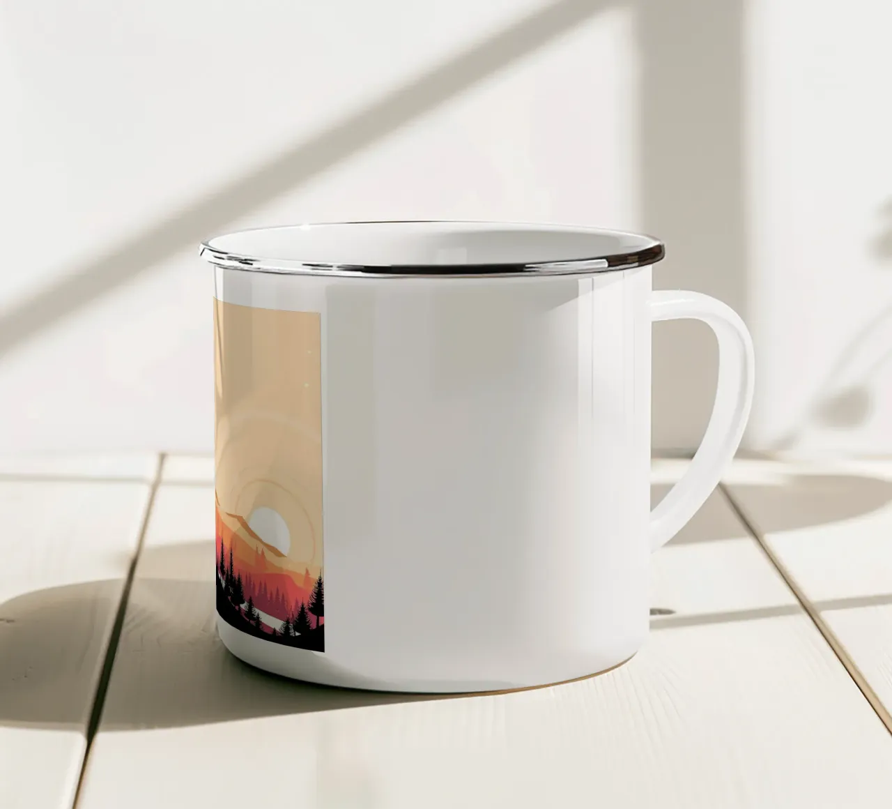 mountain sunset silhouette forest trees sun sky clouds lands enamel mug by minerva santiago