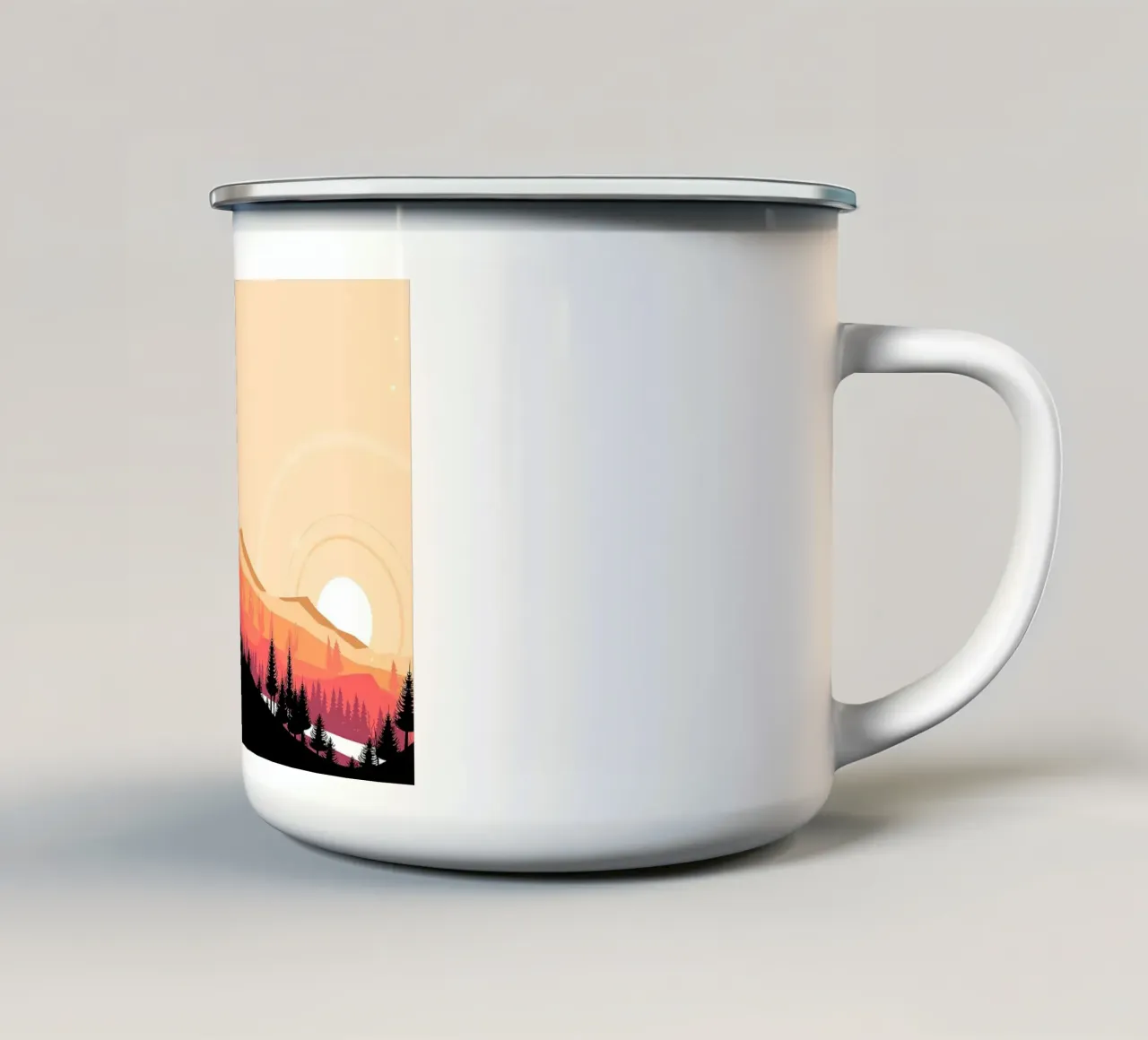mountain sunset silhouette forest trees sun sky clouds lands enamel mug by minerva santiago