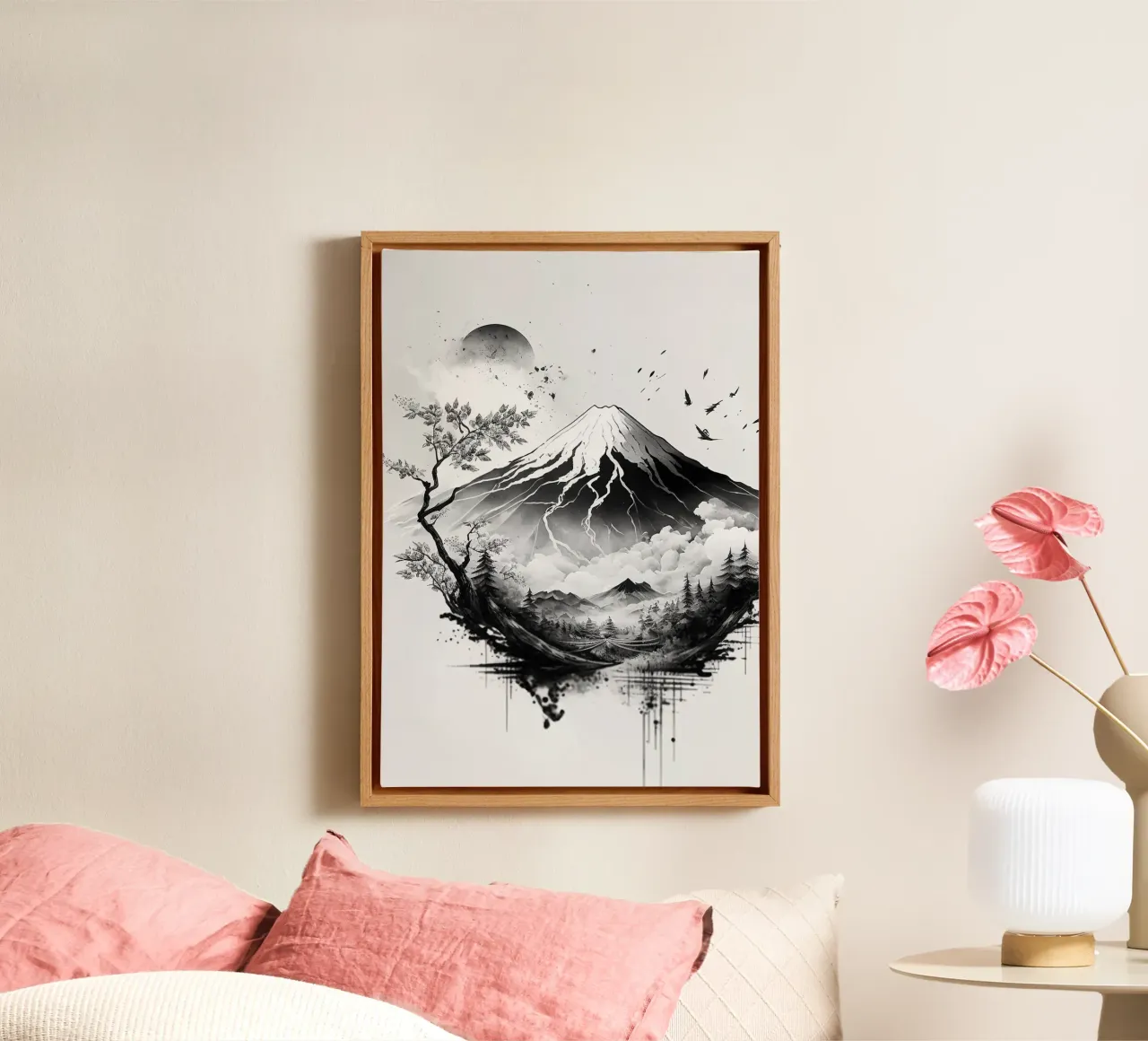 mountain tree birds sky moon clouds sun horizon rocks branch canvas with Floater frame by minerva santiago