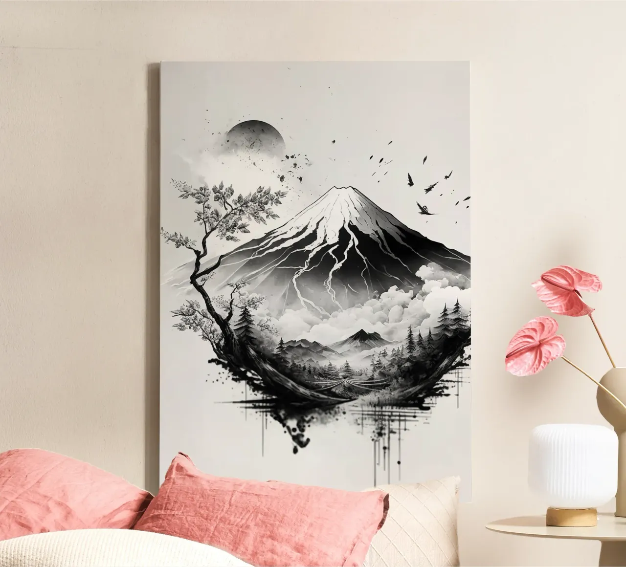 mountain tree birds sky moon clouds sun horizon rocks branch canvas with Floater frame by minerva santiago