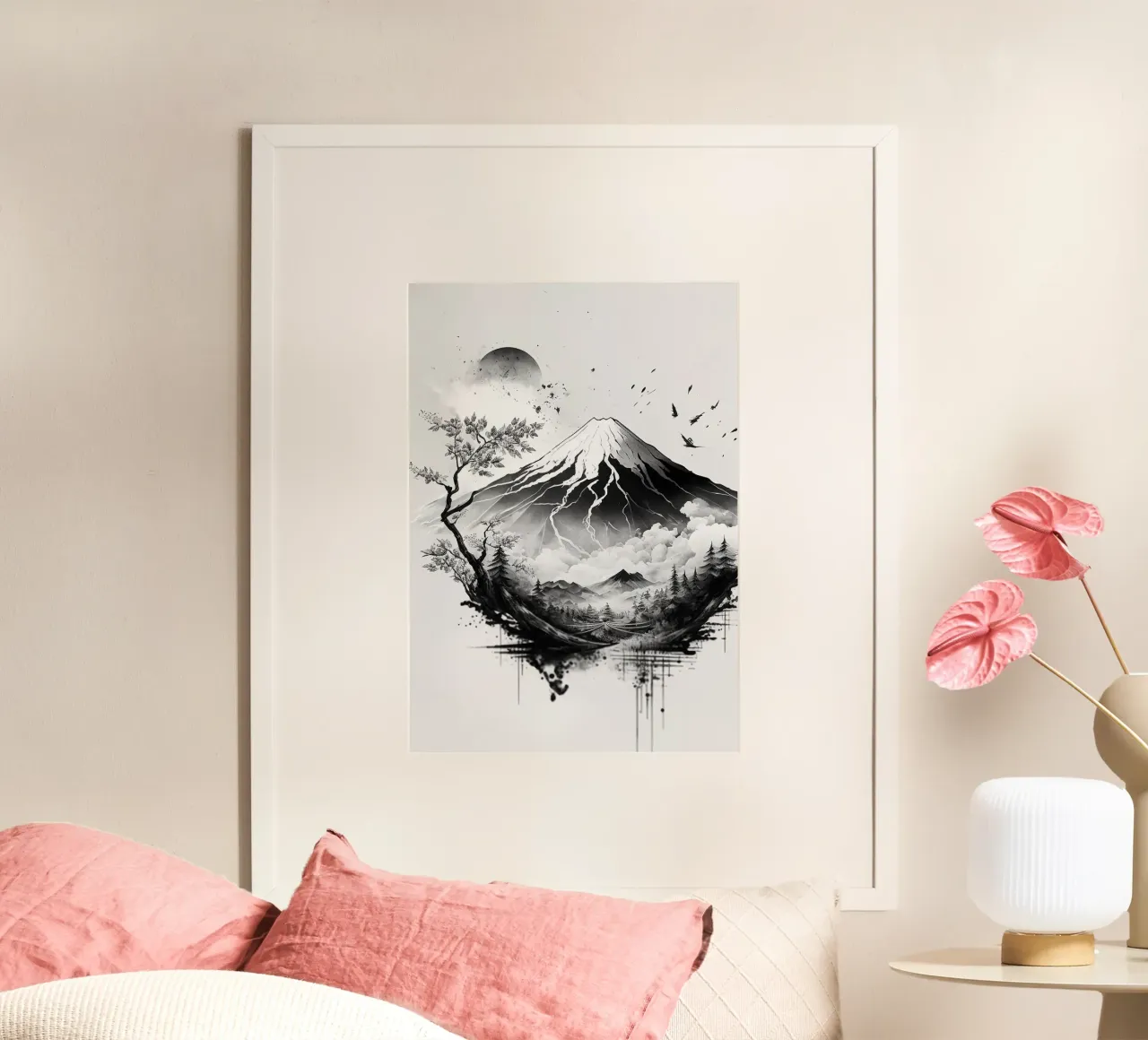 montagna albero uccelli cielo luna nuvole sole orizzonte rocce ramo poster con telaio in alluminio da minerva santiago