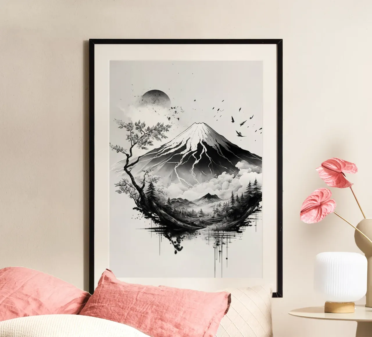 montagna albero uccelli cielo luna nuvole sole orizzonte rocce ramo poster con telaio in alluminio da minerva santiago