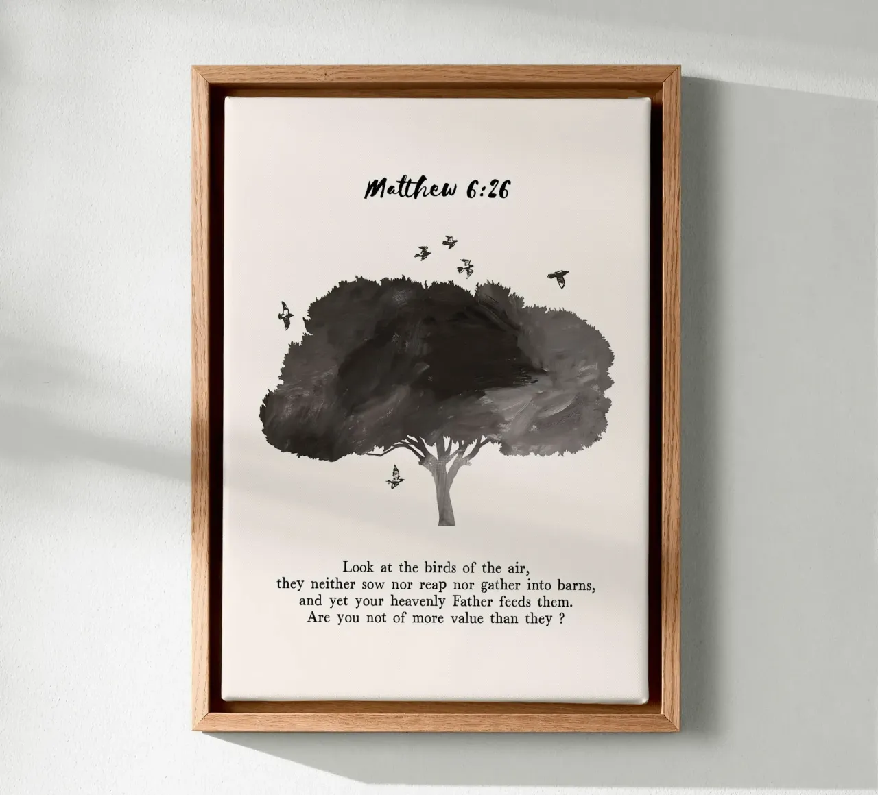 tree birds bible-verse biblical-reference text silhouette na canvas with Floater frame by minerva santiago