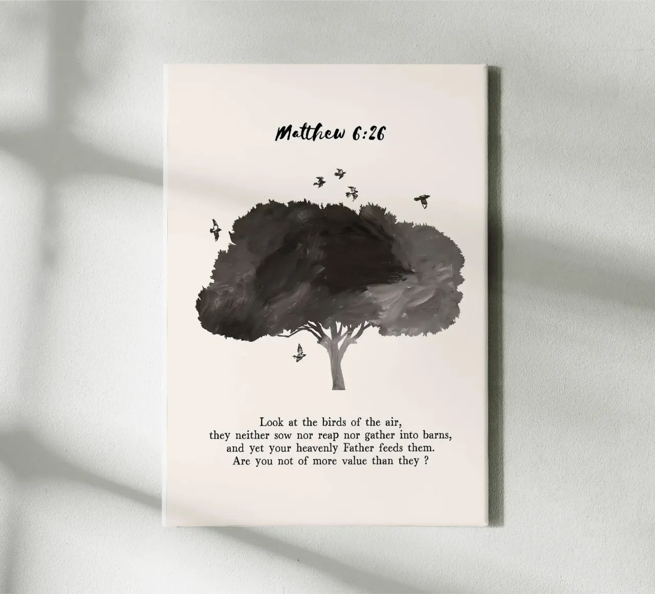 tree birds bible-verse biblical-reference text silhouette na canvas with Floater frame by minerva santiago