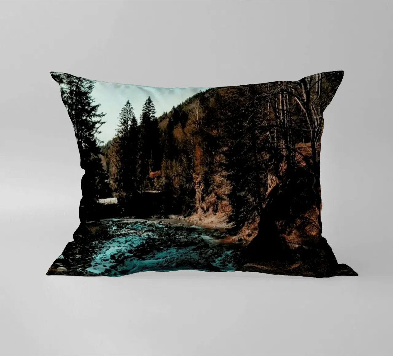 Idyllic River Through The Woods decorative cushion by Sebastian Hilgetag