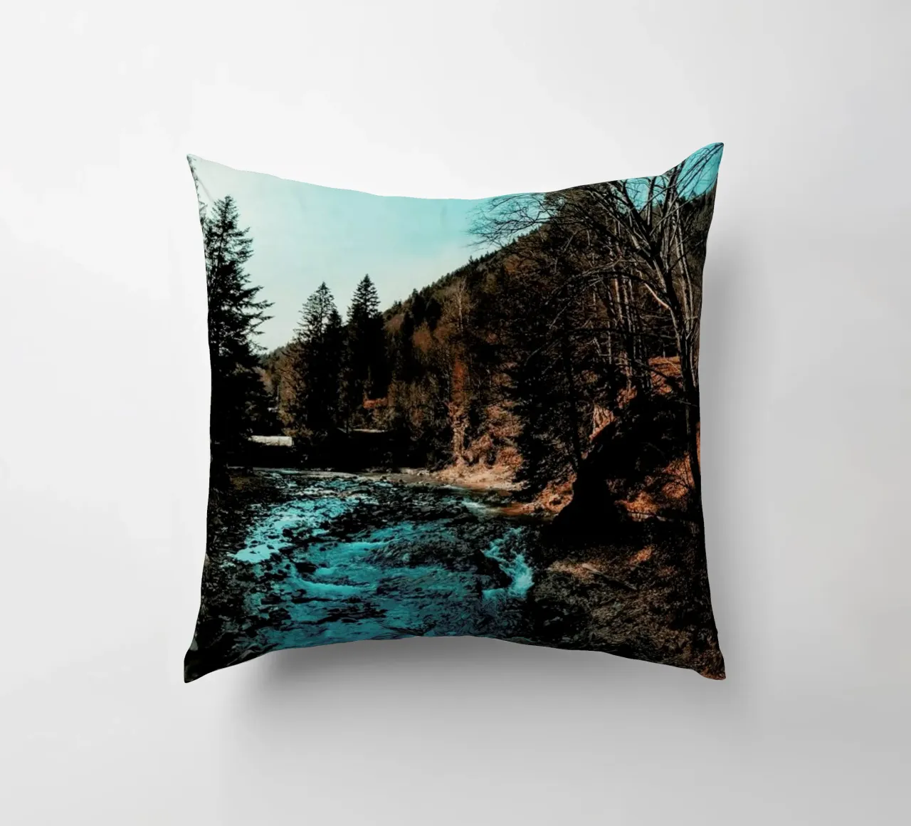 Idyllic River Through The Woods decorative cushion by Sebastian Hilgetag