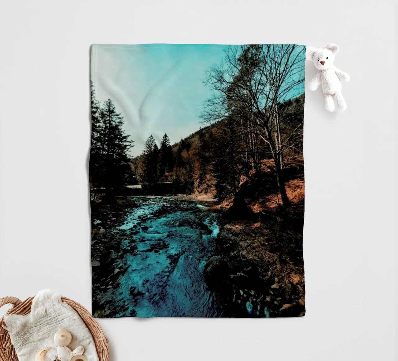 Idyllic River Through The Woods fleece blanket by Sebastian Hilgetag