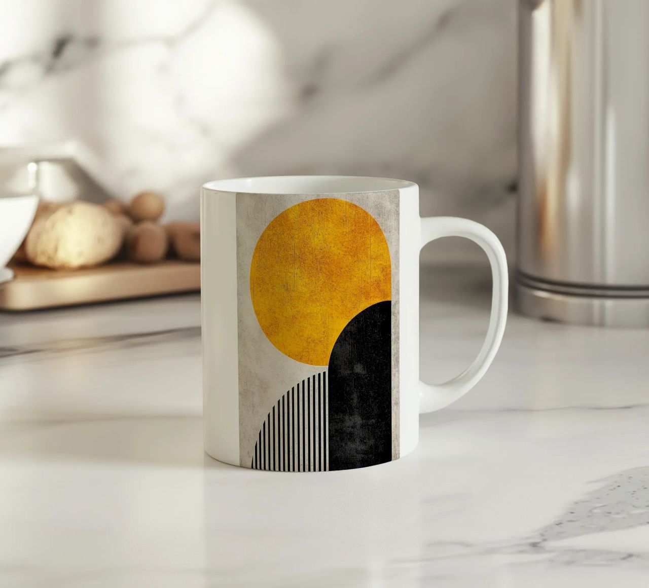 cercle jaune demi-cercle lignes verticales arc noir texture g mug en céramique de Hien T Huynh