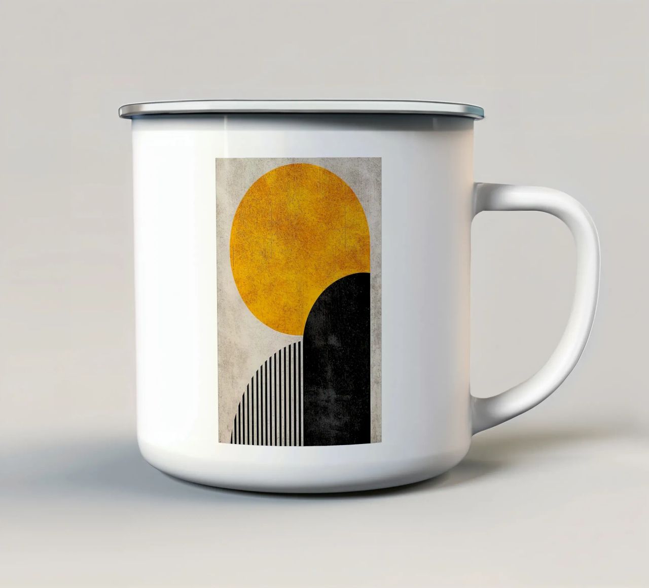 cercle jaune demi-cercle lignes verticales arc noir texture g mug en émail de Hien T Huynh