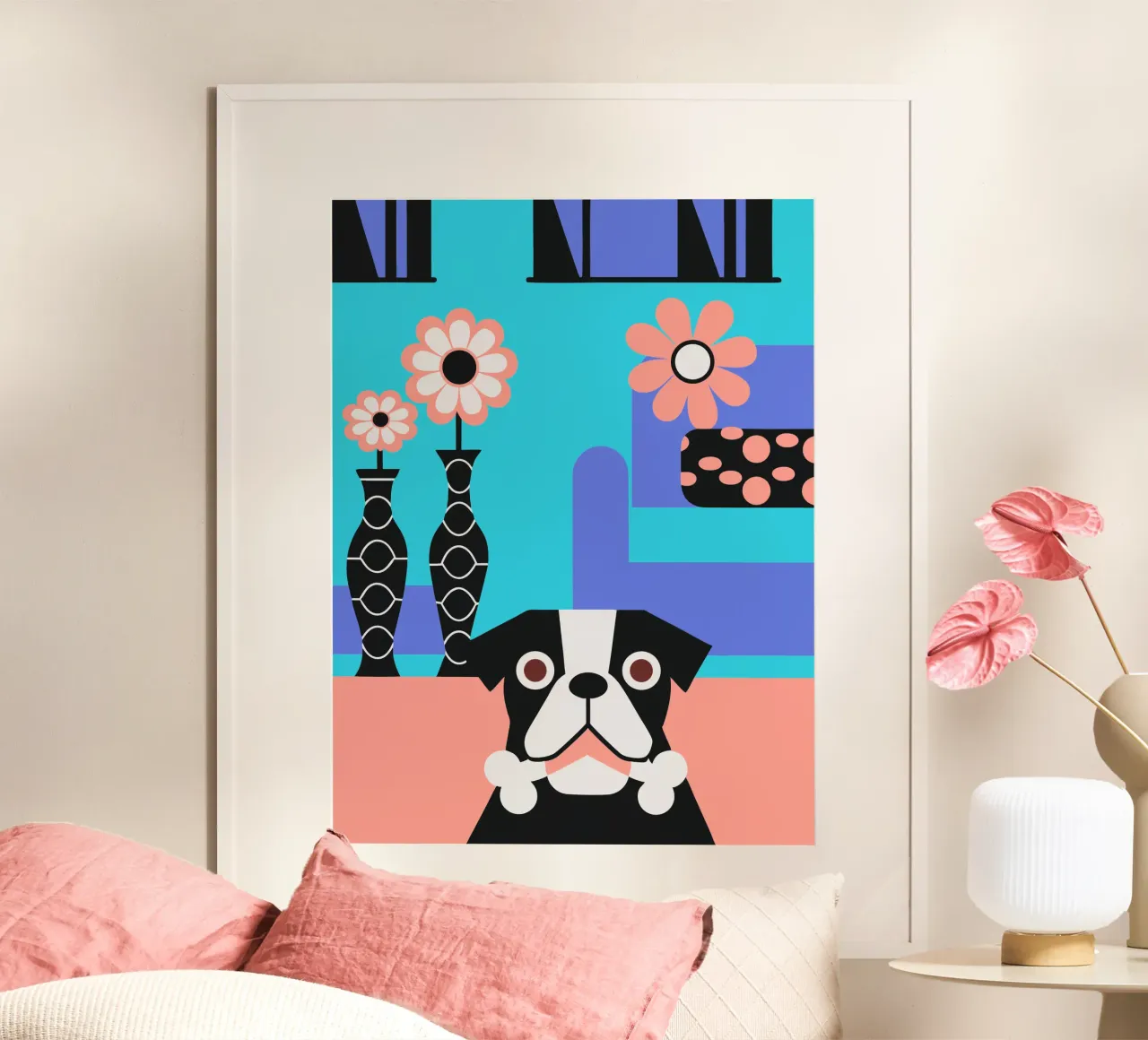 Bulldog e fiore poster con telaio in alluminio da LOOK DIFFERENT