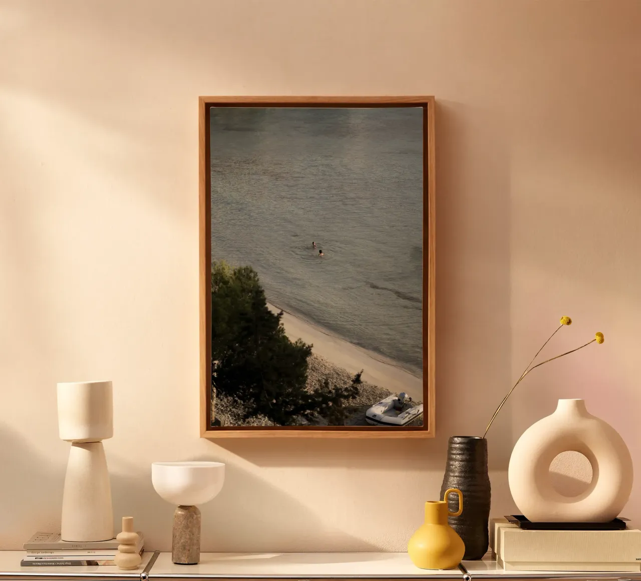 Swimming in the sea - photo art from the beach in natural tones canvas with Floater frame by purelinia