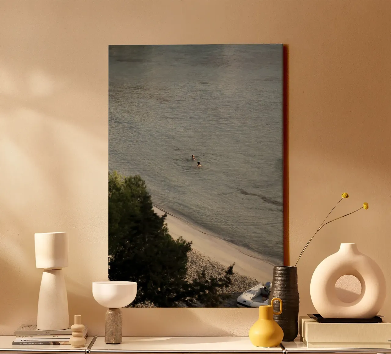 Swimming in the sea - photo art from the beach in natural tones canvas with Floater frame by purelinia