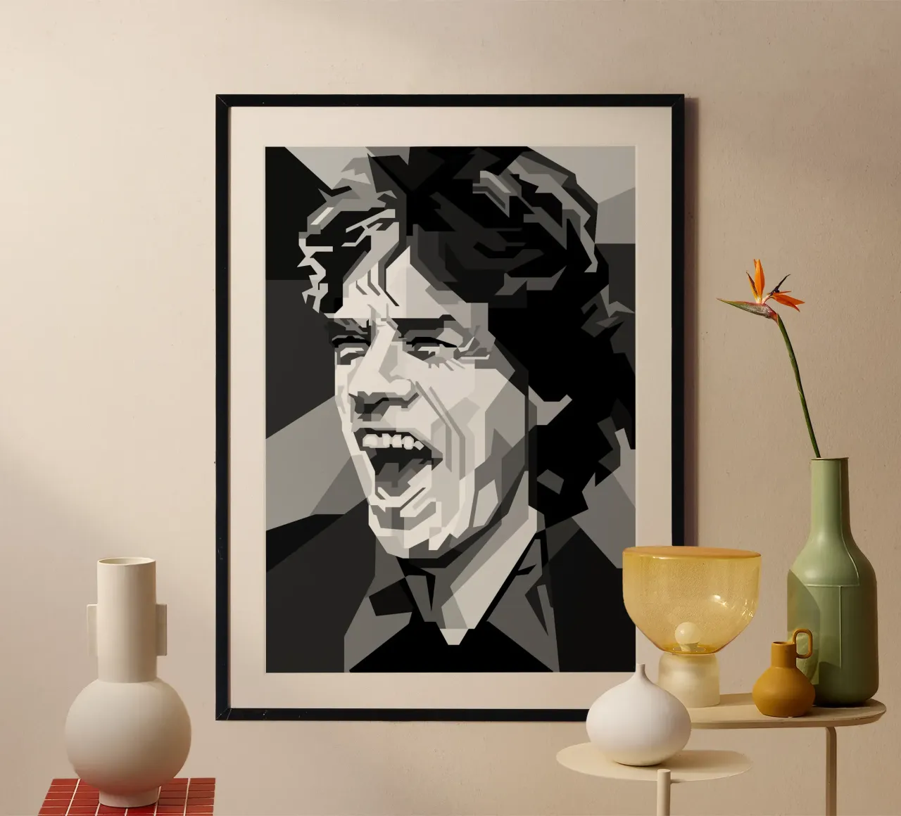 Mick Jagger Star del rock britannico di tendenza ora poster con telaio in legno da Artkreator