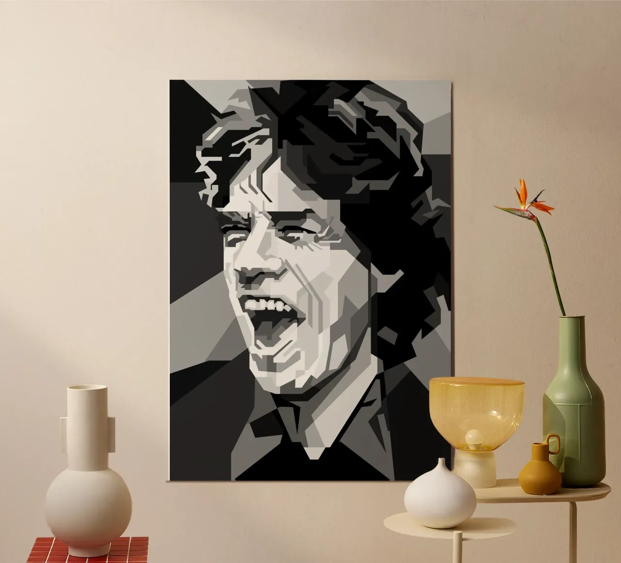 Mick Jagger Star del rock britannico di tendenza ora poster con telaio in legno da Artkreator