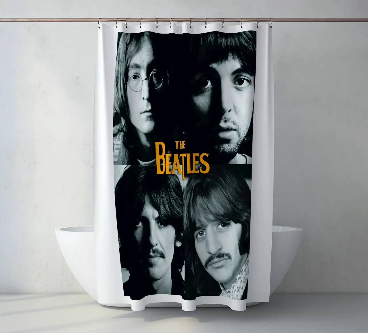 Vintage Band The Beatles Style Portrait shower curtain by darsa