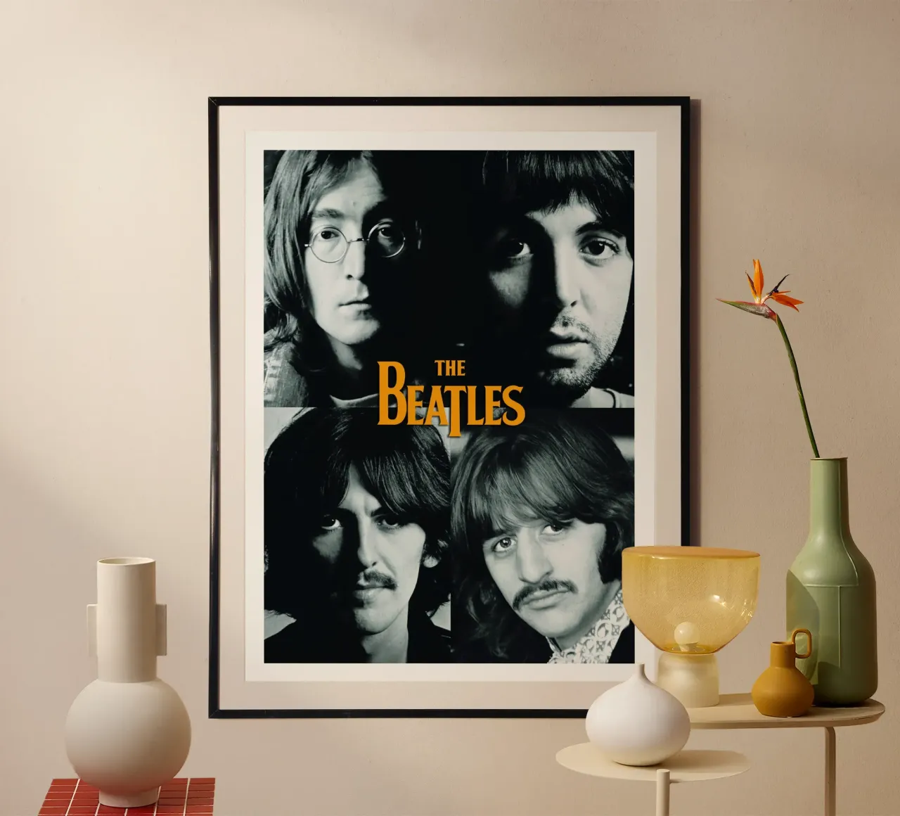 Ritratto vintage della band dei Beatles poster con telaio in plastica da darsa