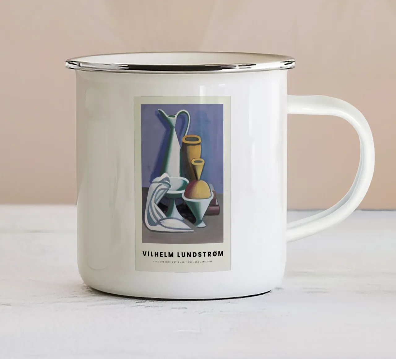 Lundstrøm - Still Life with Water Jug, Towel and Jars tazza in smalto da Vintage by JUNIQE