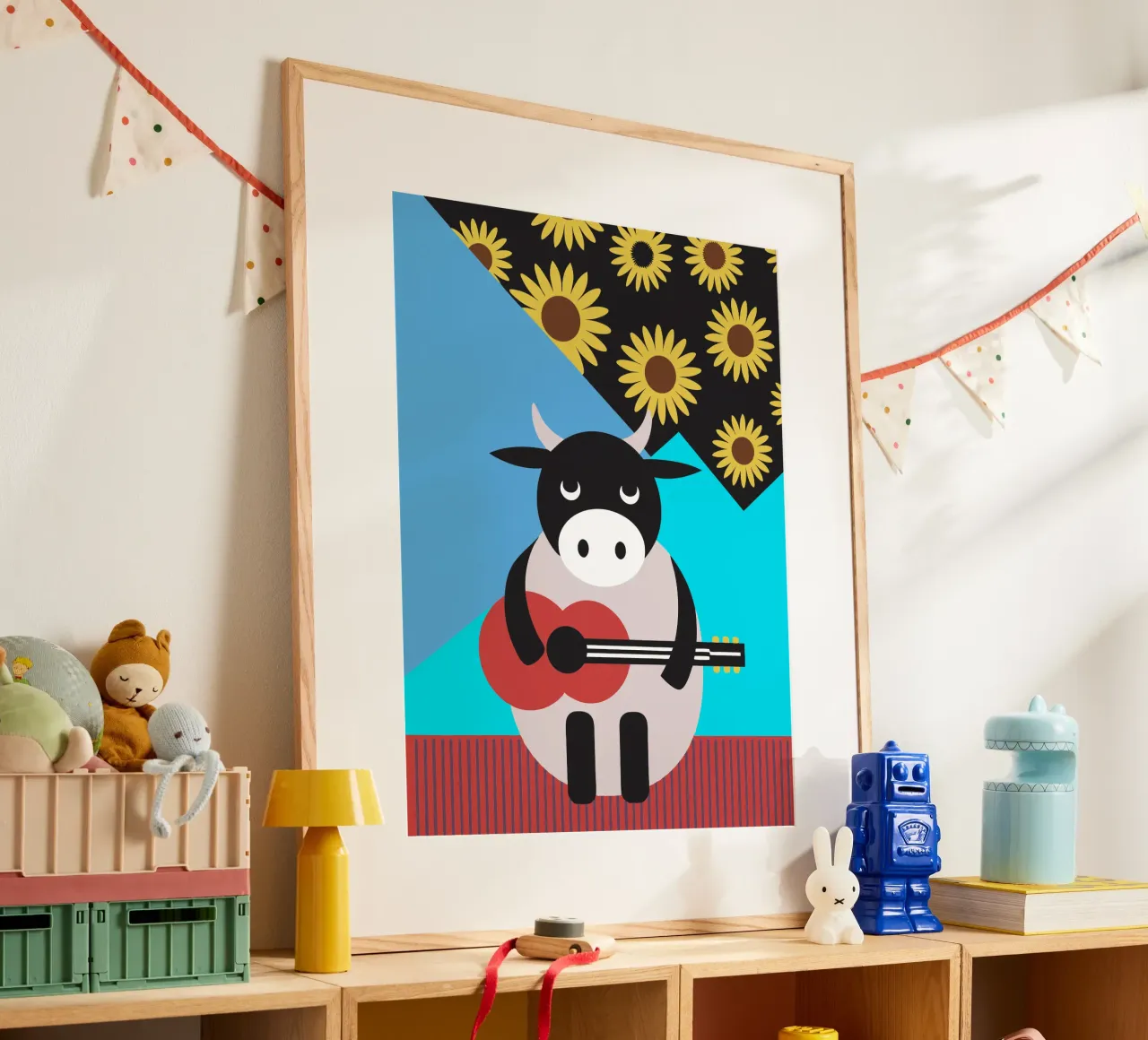 Mucca che suona la chitarra poster con telaio in alluminio da LOOK DIFFERENT