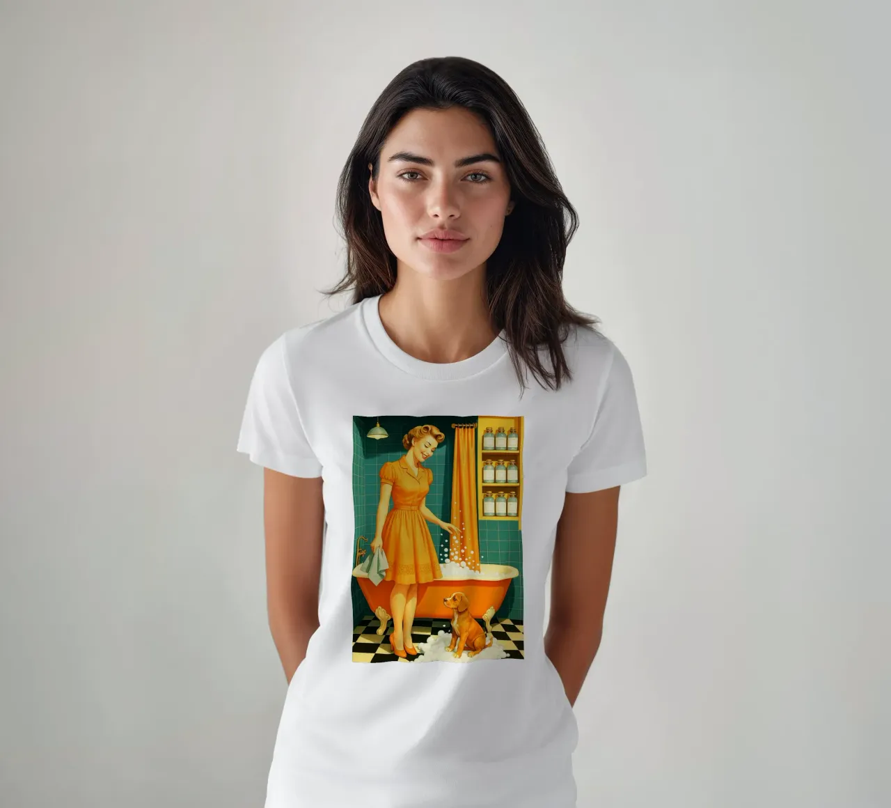 Frau mit Hundewelpe im Badezimmer T-Shirt von BlogSawoo