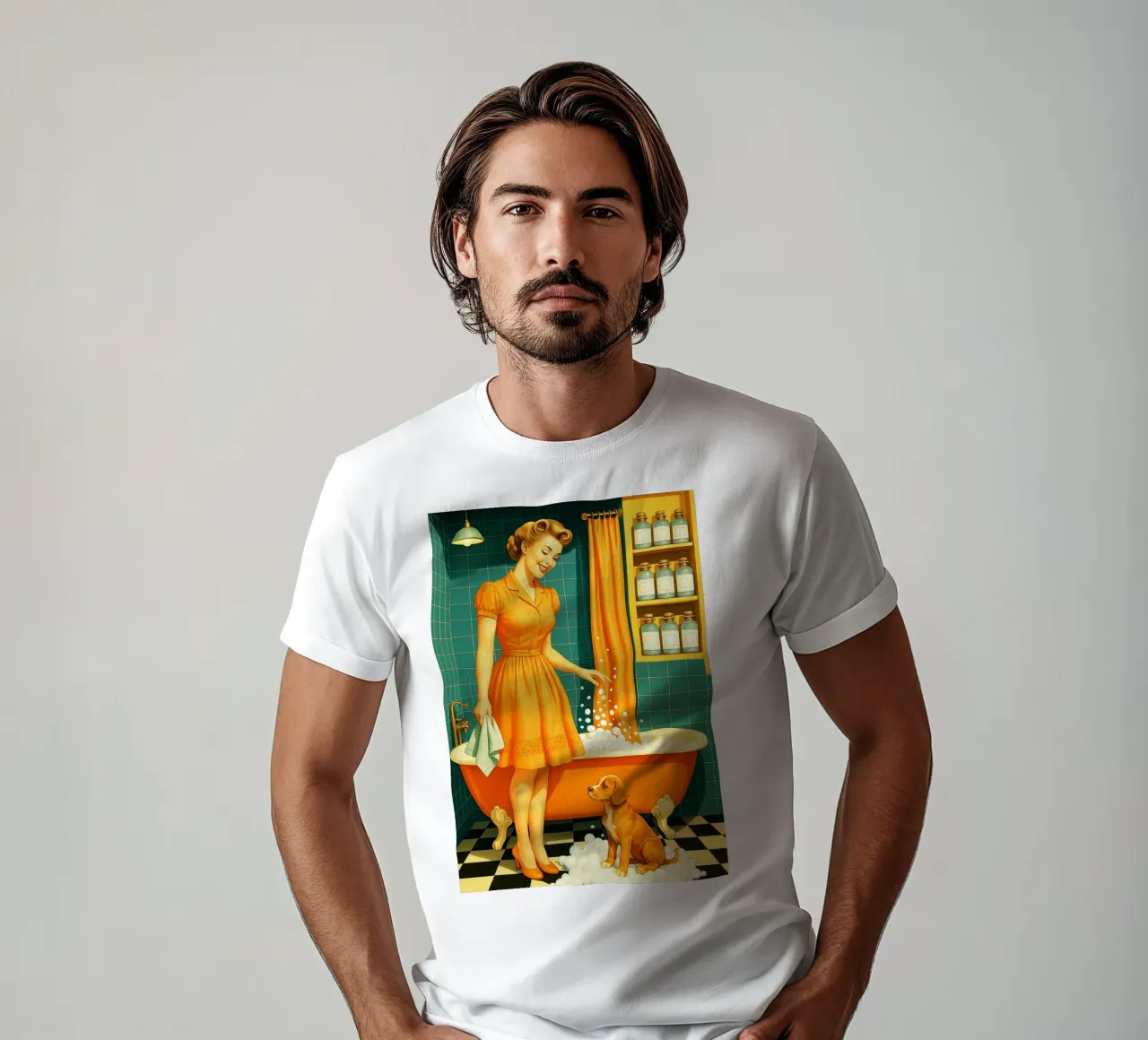 Frau mit Hundewelpe im Badezimmer T-Shirt von BlogSawoo