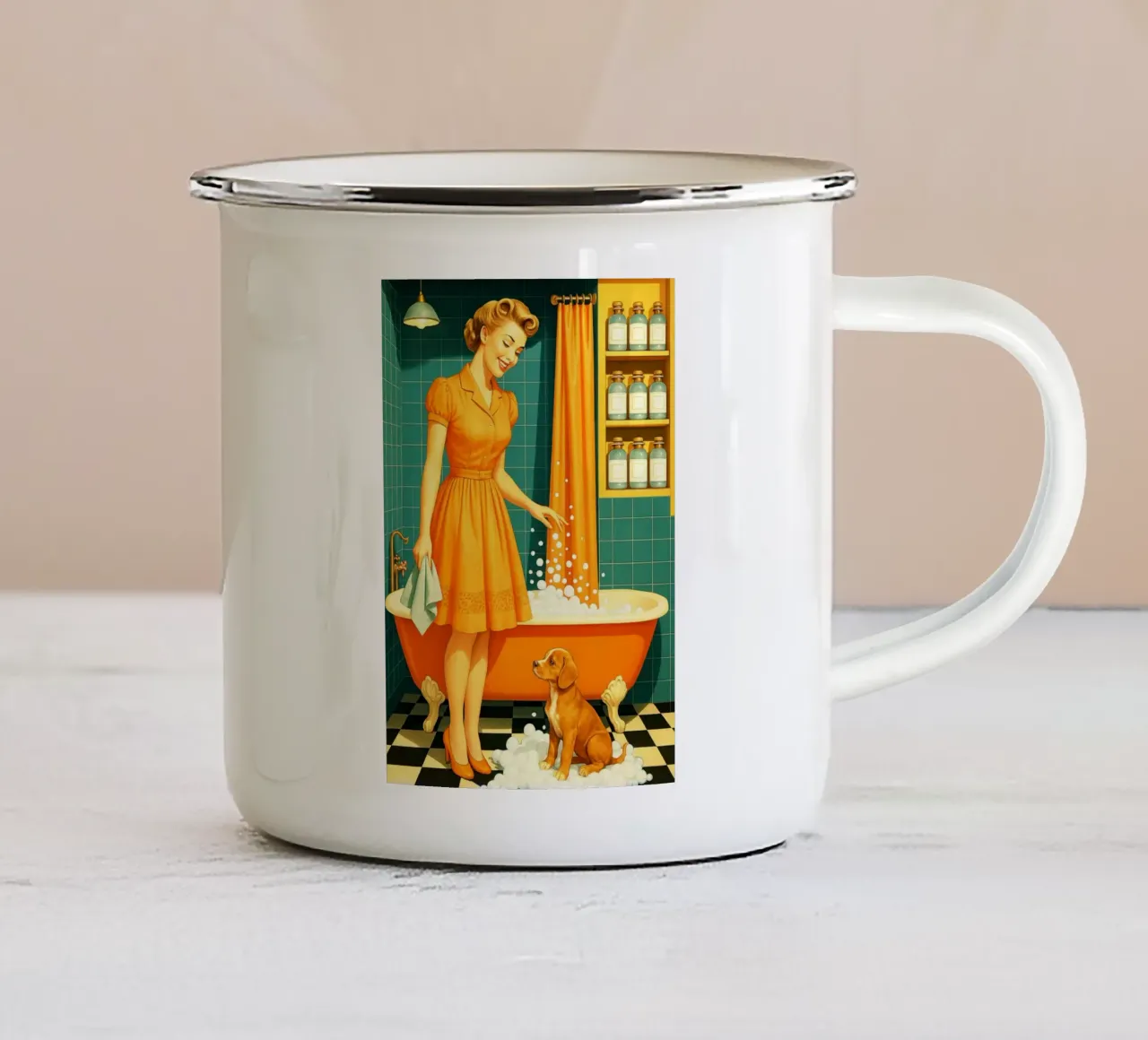 Mujer con cachorro en el baño taza de esmalte de BlogSawoo