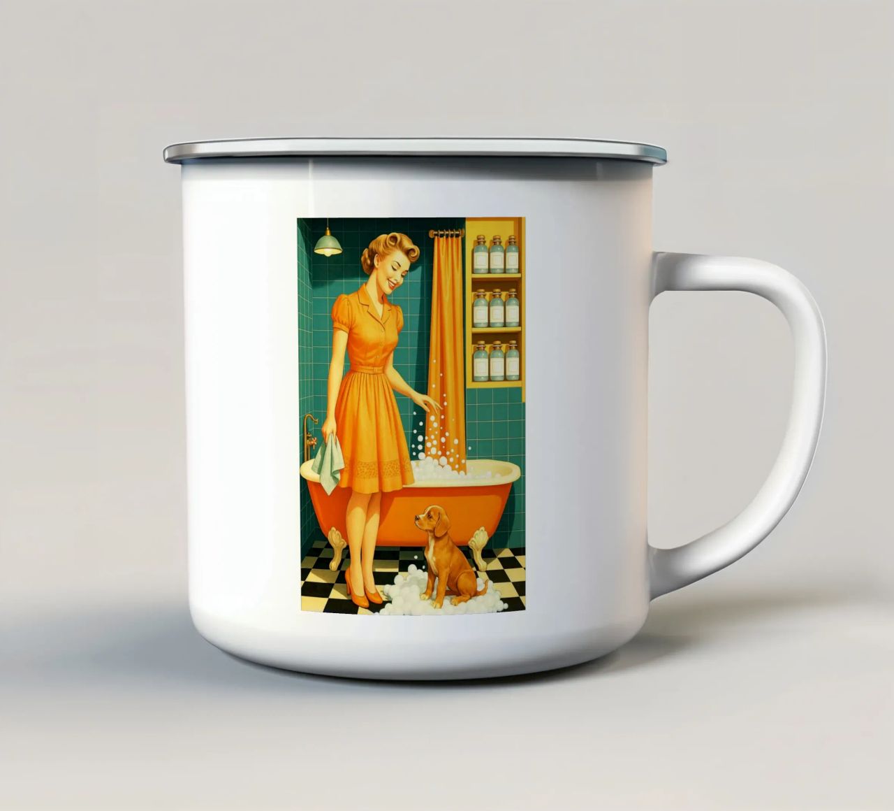 Donna con cucciolo in bagno tazza in smalto da BlogSawoo