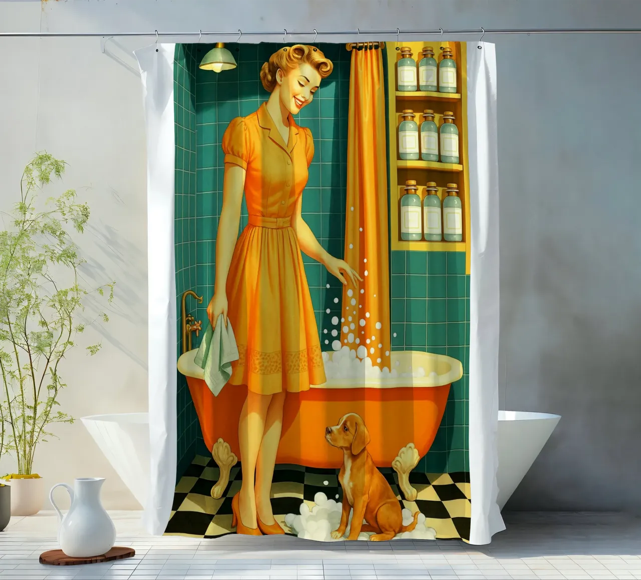 Donna con cucciolo in bagno tenda da doccia da BlogSawoo