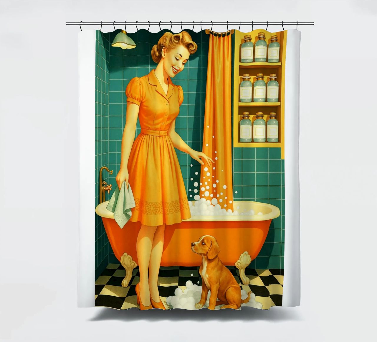Donna con cucciolo in bagno tenda da doccia da BlogSawoo