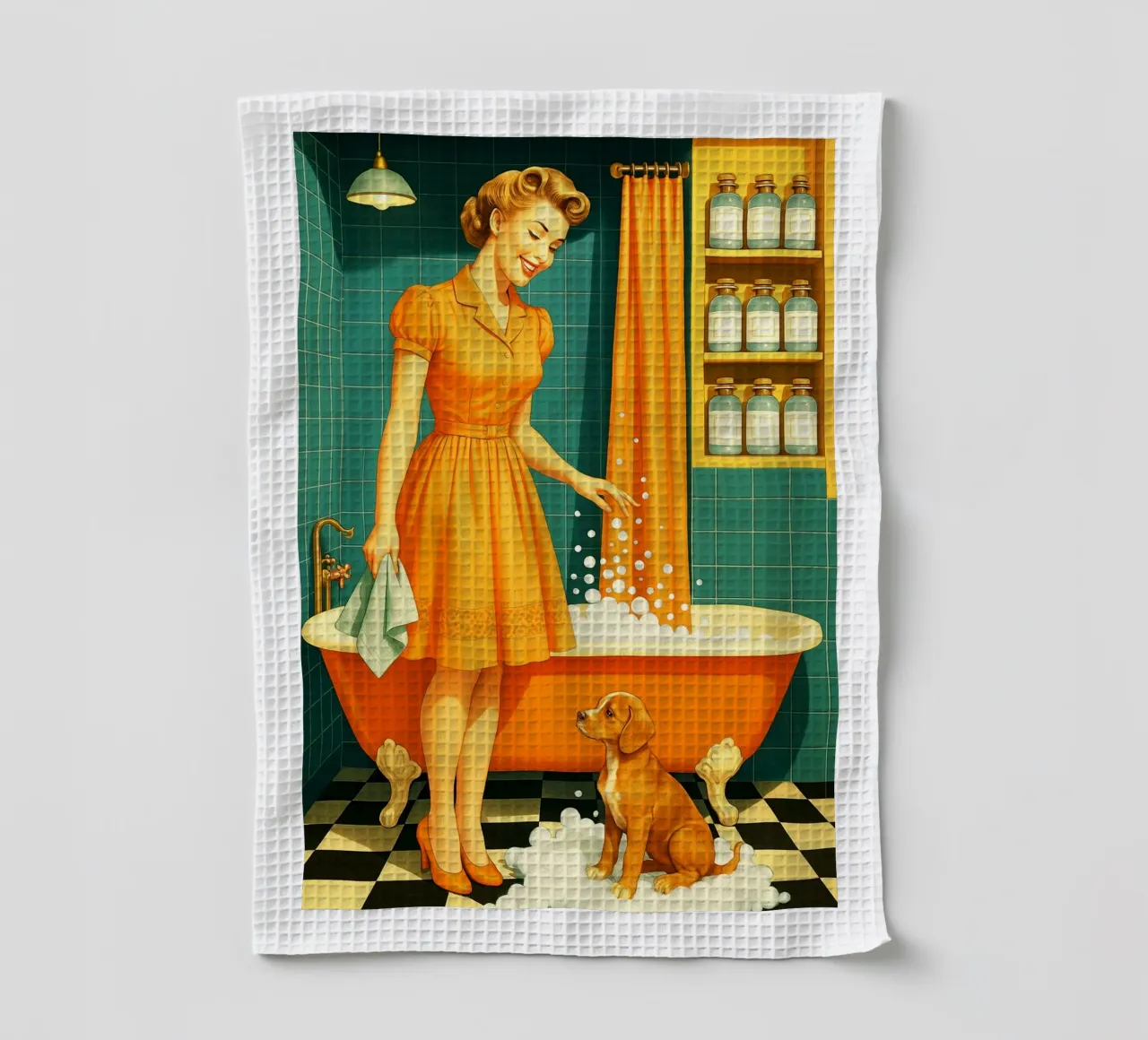 Femme avec un chiot dans la salle de bain torchon de BlogSawoo