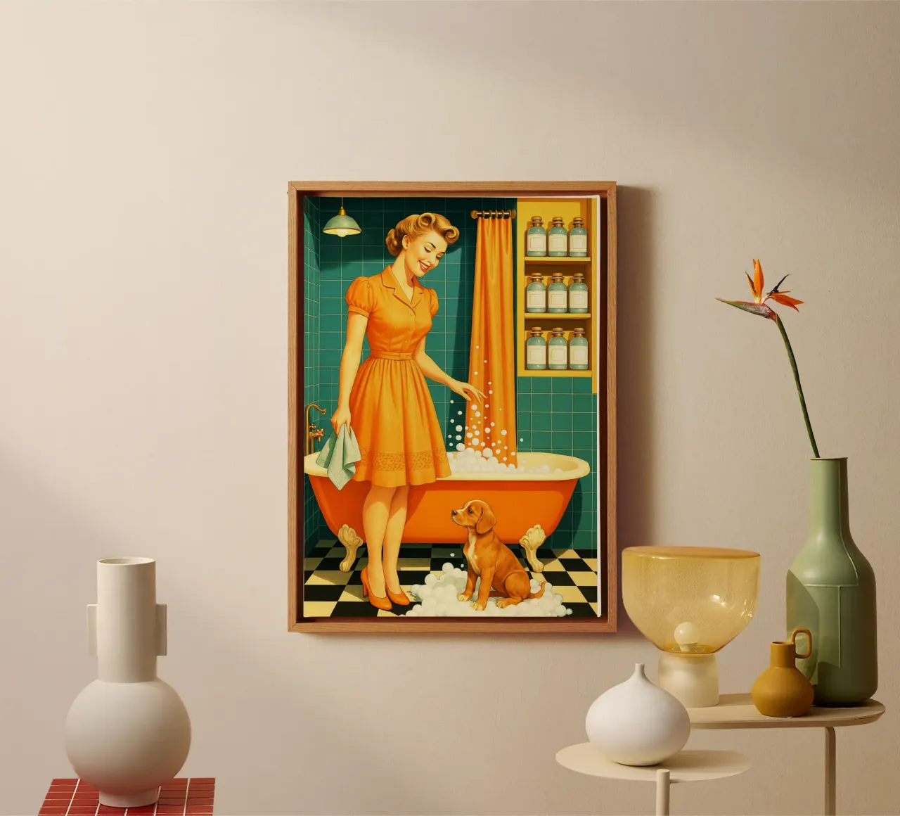 Donna con cucciolo in bagno tela con Cornice a cassetta da BlogSawoo
