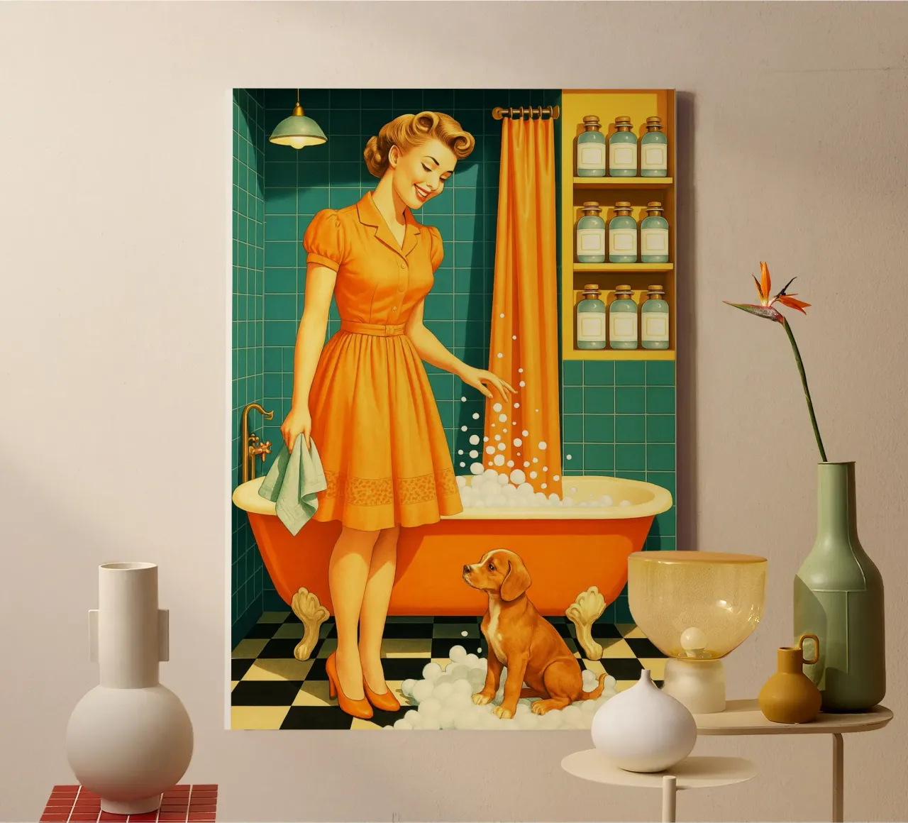Donna con cucciolo in bagno tela con Cornice a cassetta da BlogSawoo
