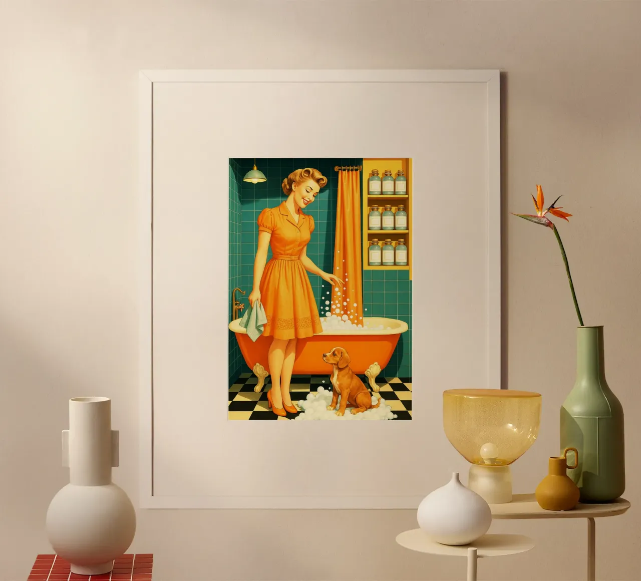 Donna con cucciolo in bagno poster con telaio in legno da BlogSawoo