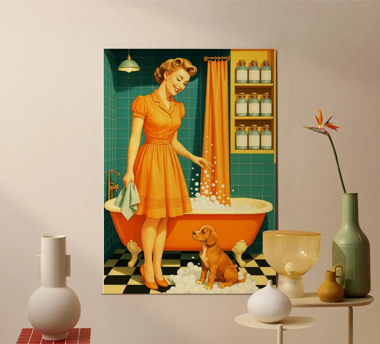 Donna con cucciolo in bagno poster con telaio in legno da BlogSawoo