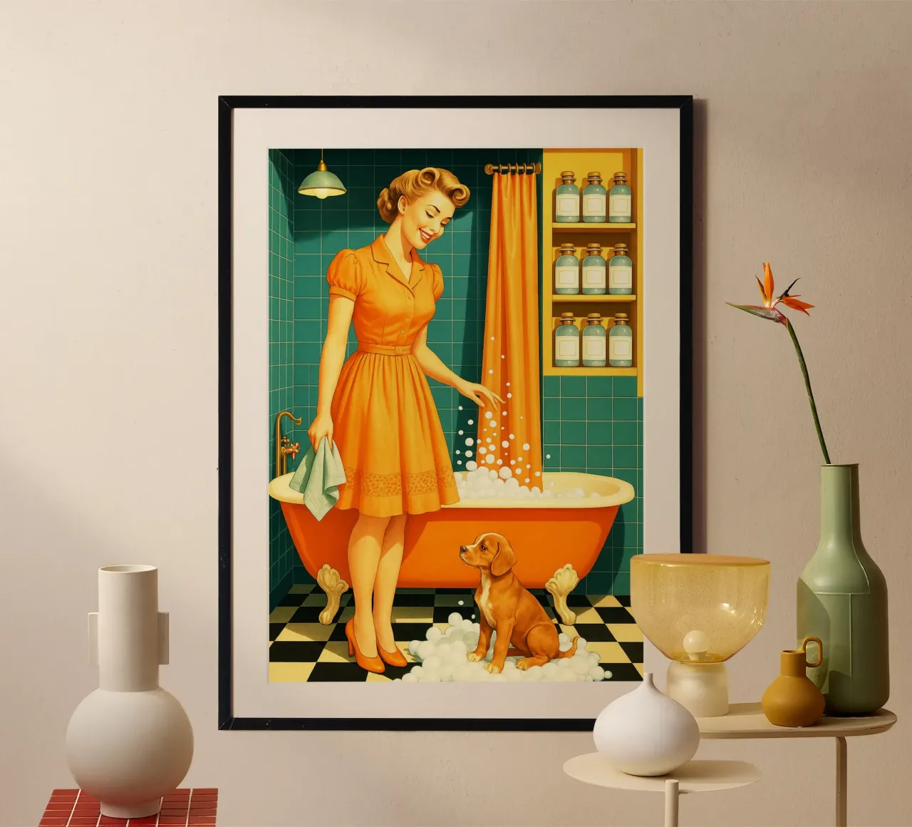 Donna con cucciolo in bagno poster con telaio in legno da BlogSawoo