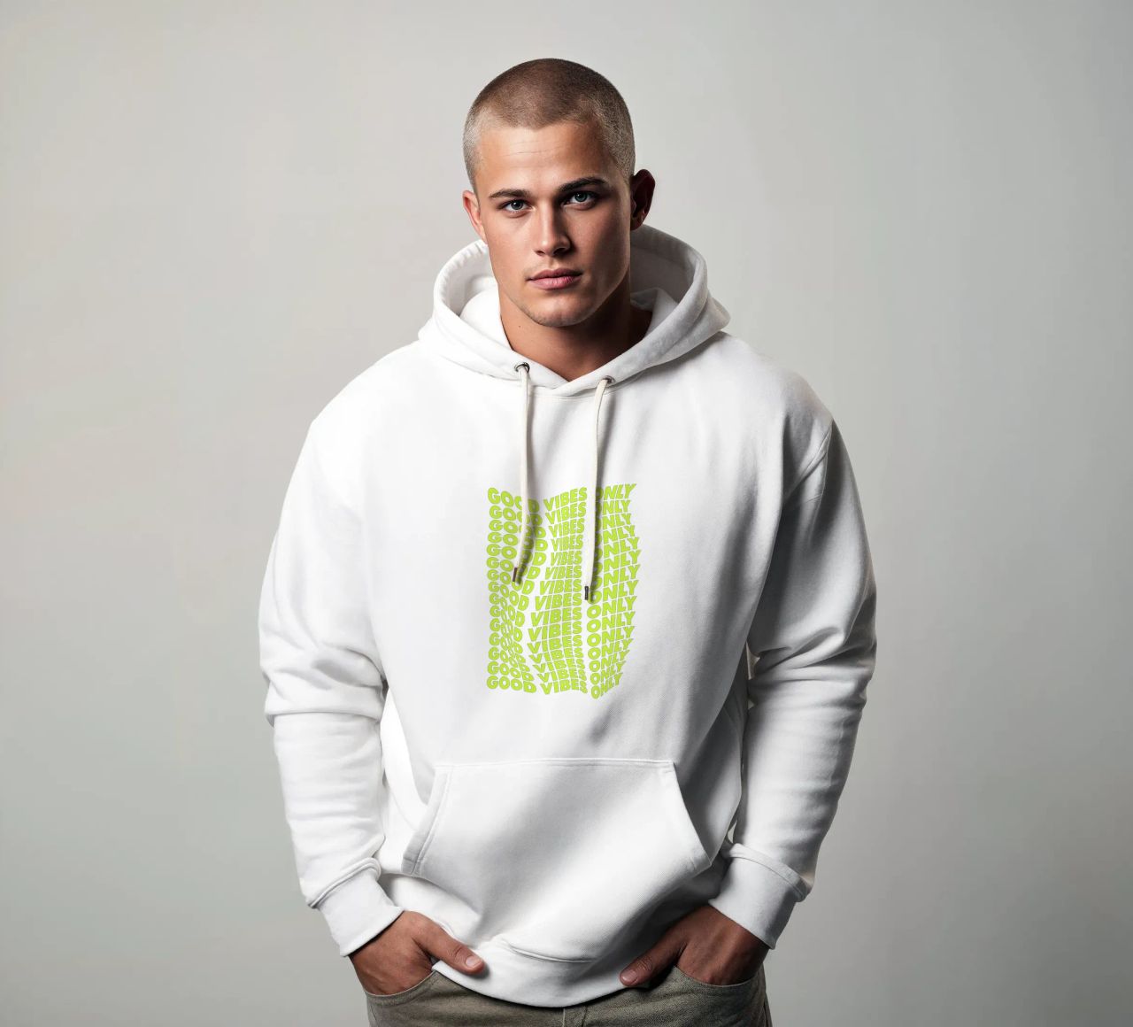 Good Vibes Only Retro Typography Print Neón Verde Amarillo sudadera con capucha de THE MOTIVATED TYPE
