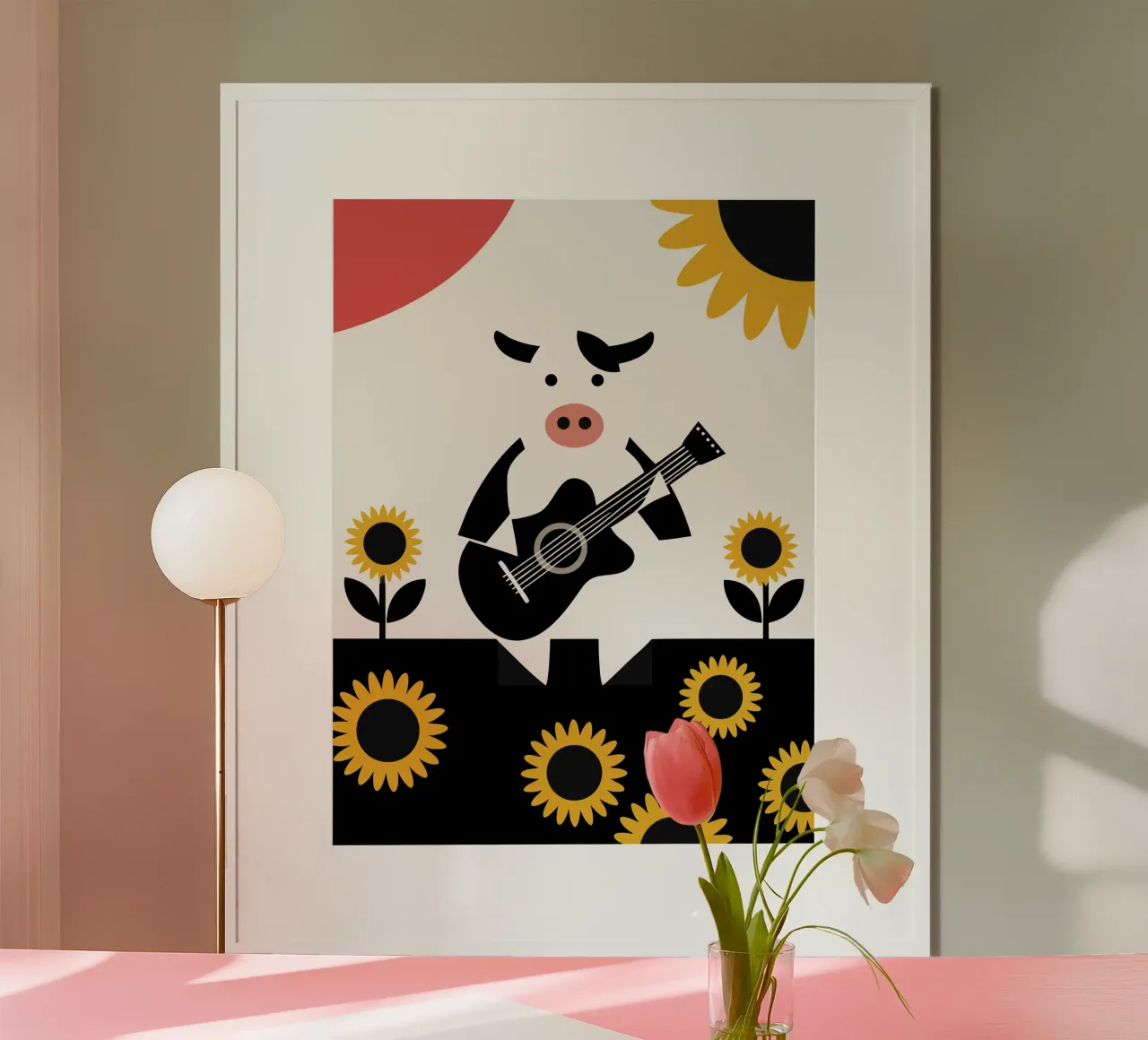 Mucca che suona la chitarra poster con telaio in alluminio da LOOK DIFFERENT
