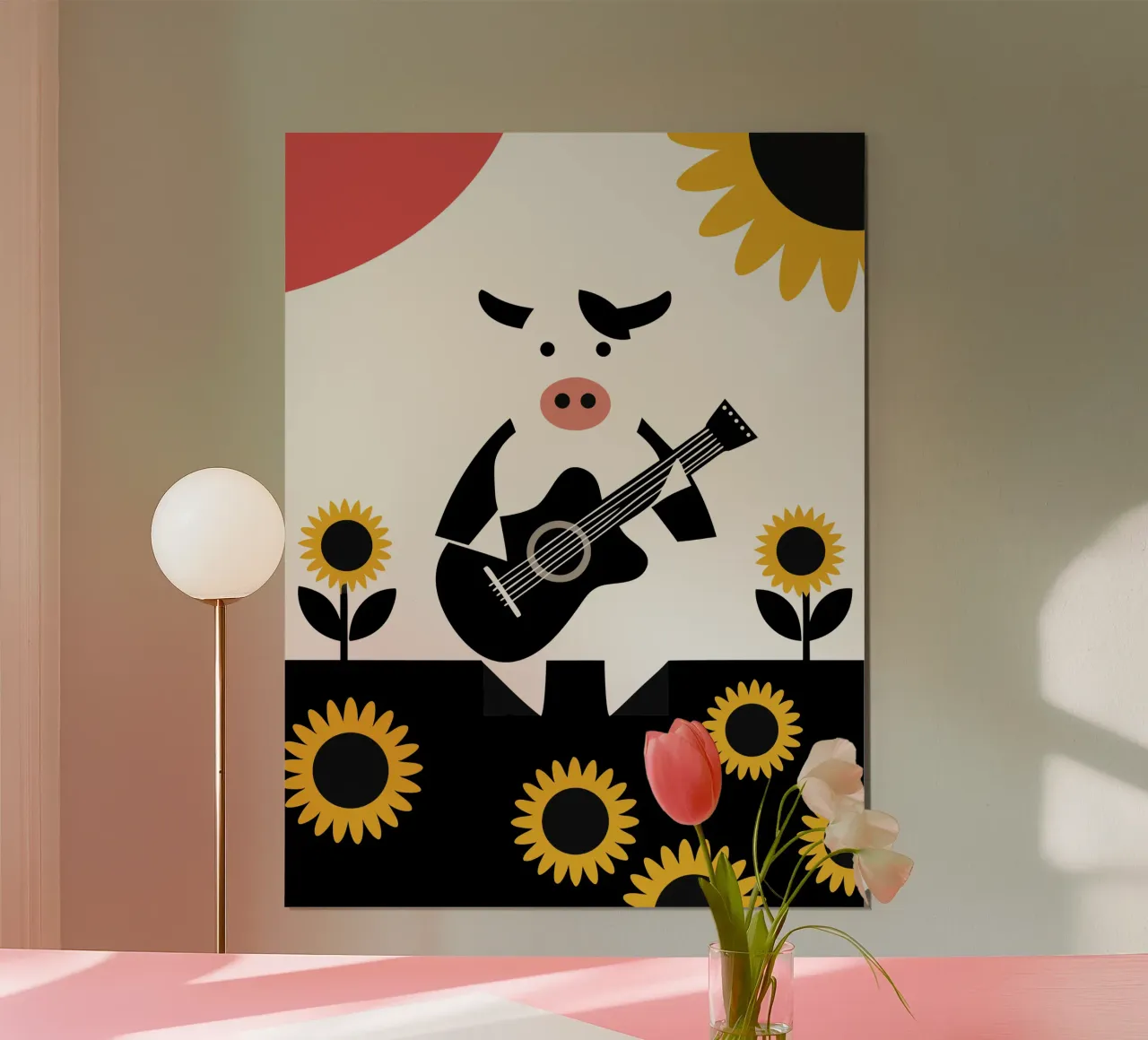 Mucca che suona la chitarra poster con telaio in alluminio da LOOK DIFFERENT
