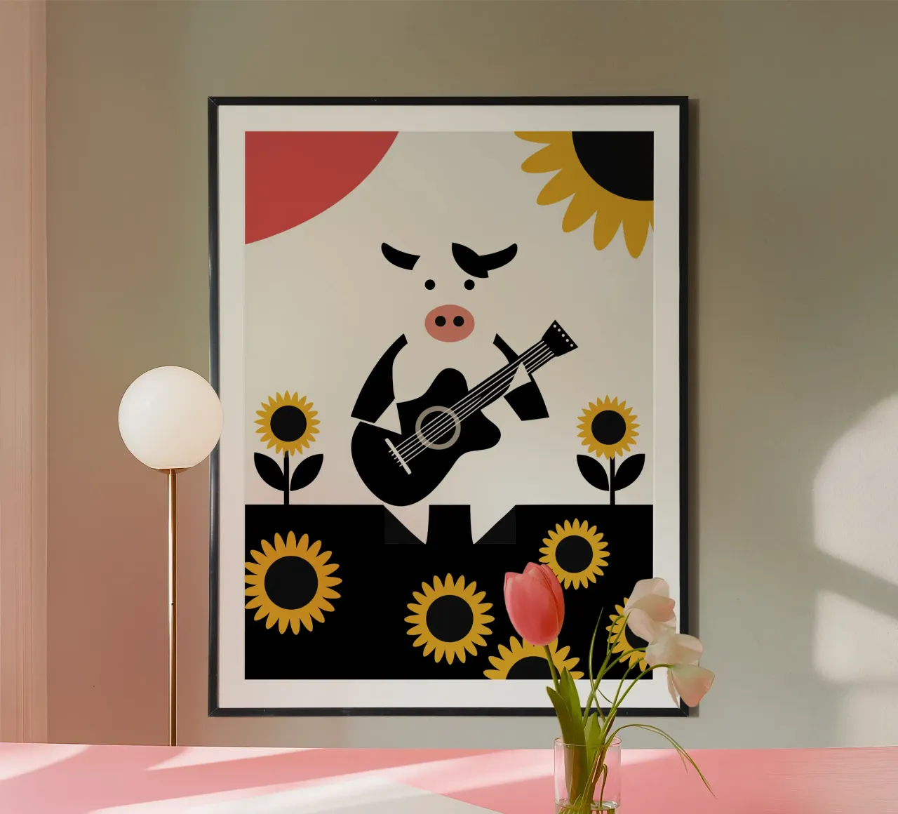 Mucca che suona la chitarra poster con telaio in alluminio da LOOK DIFFERENT
