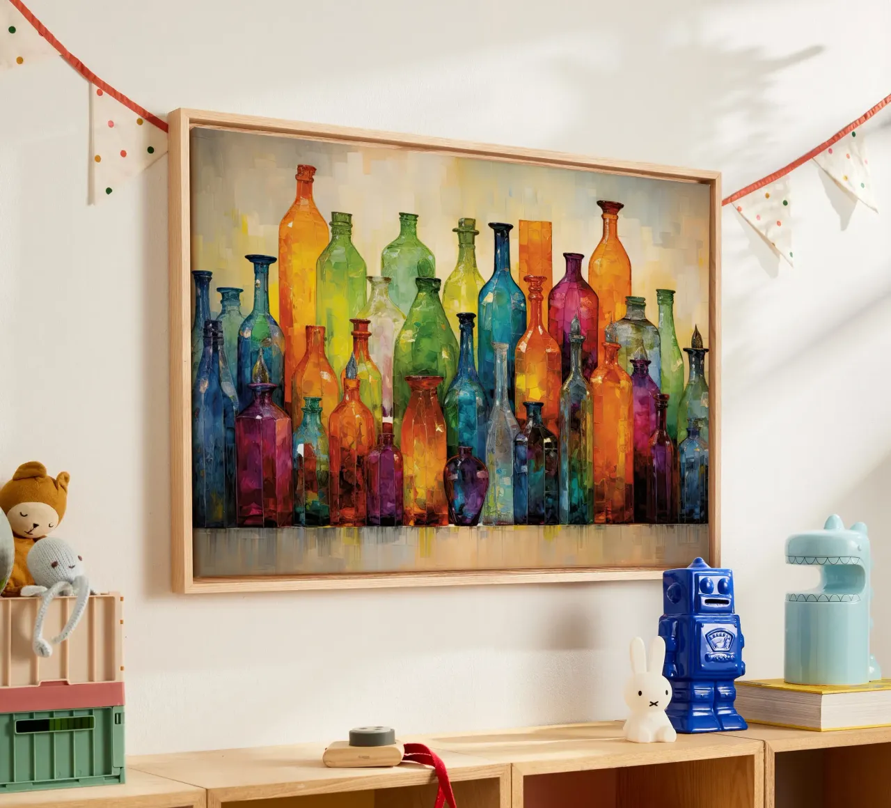 Flessen abstract canvas met Baklijst van Imagine