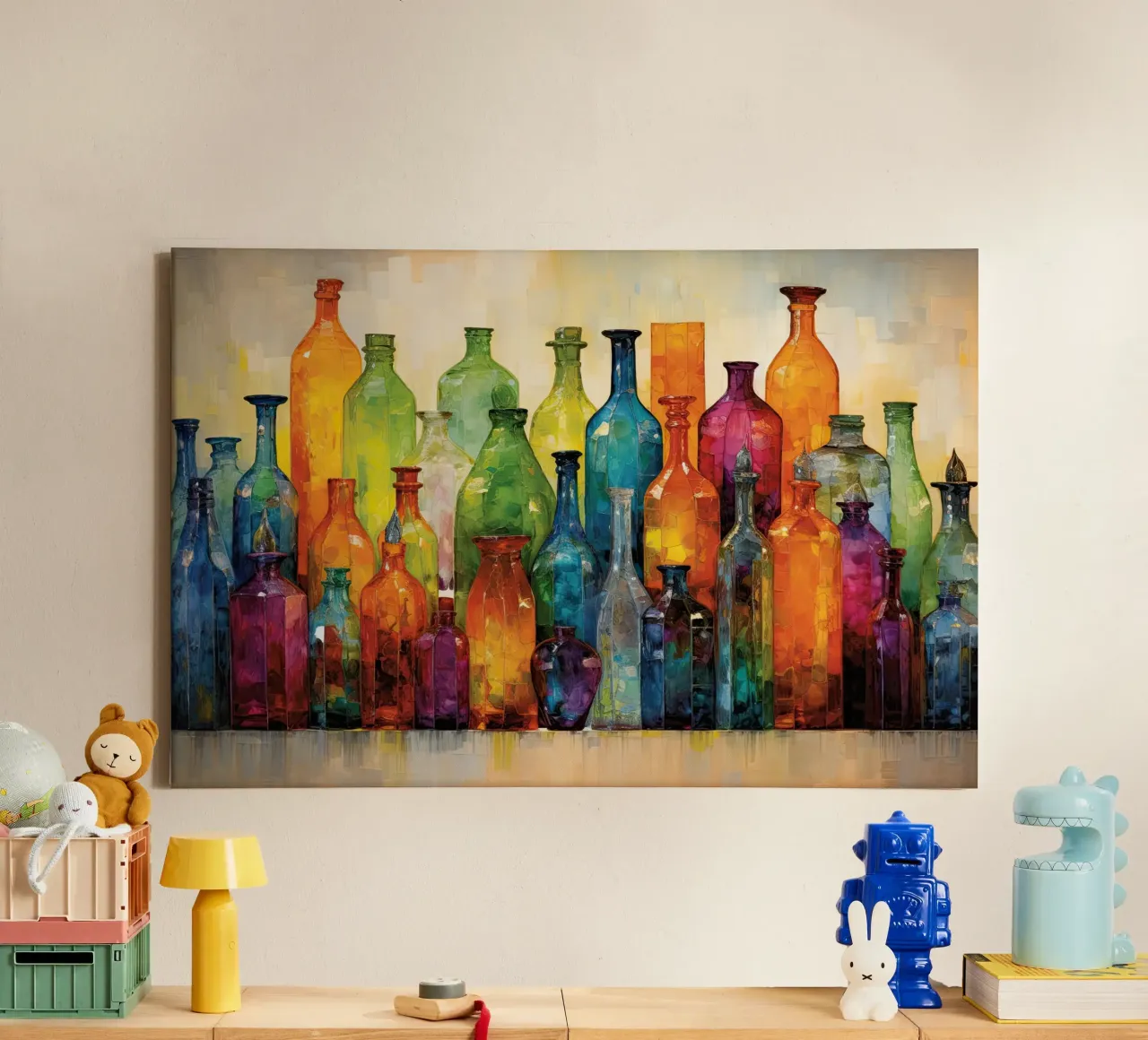Flessen abstract canvas met Baklijst van Imagine