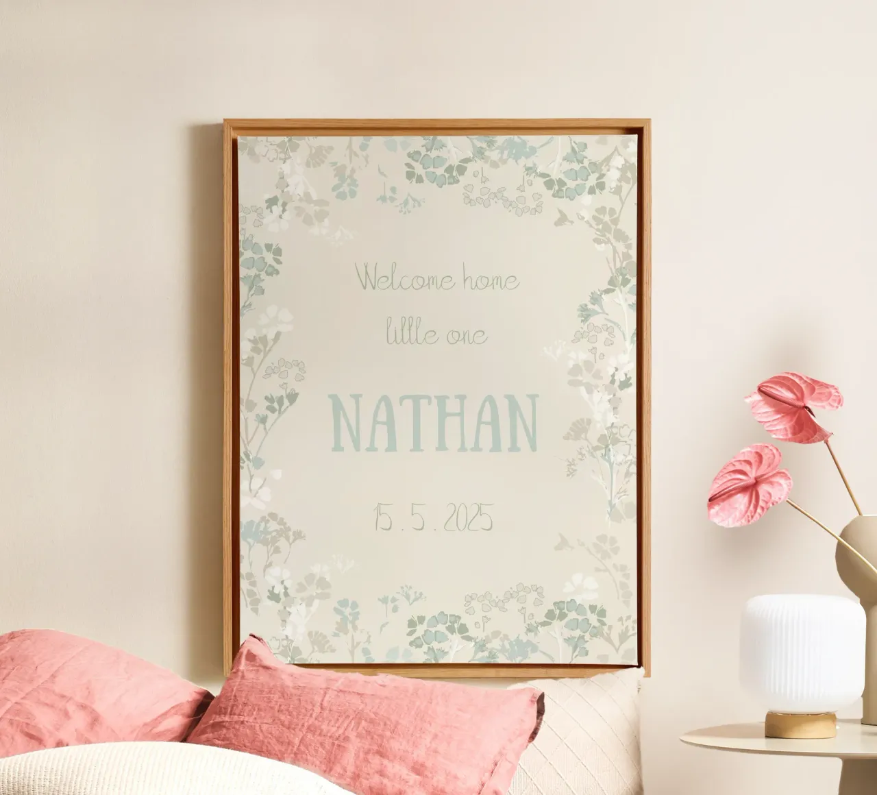 Geboorteposter met aangepaste babynaam in zachte pastelblauwe tinten canvas met Baklijst van Art by Susana Miranda ilustración