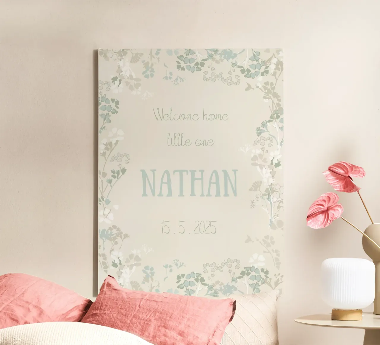 Geboorteposter met aangepaste babynaam in zachte pastelblauwe tinten canvas met Baklijst van Art by Susana Miranda ilustración